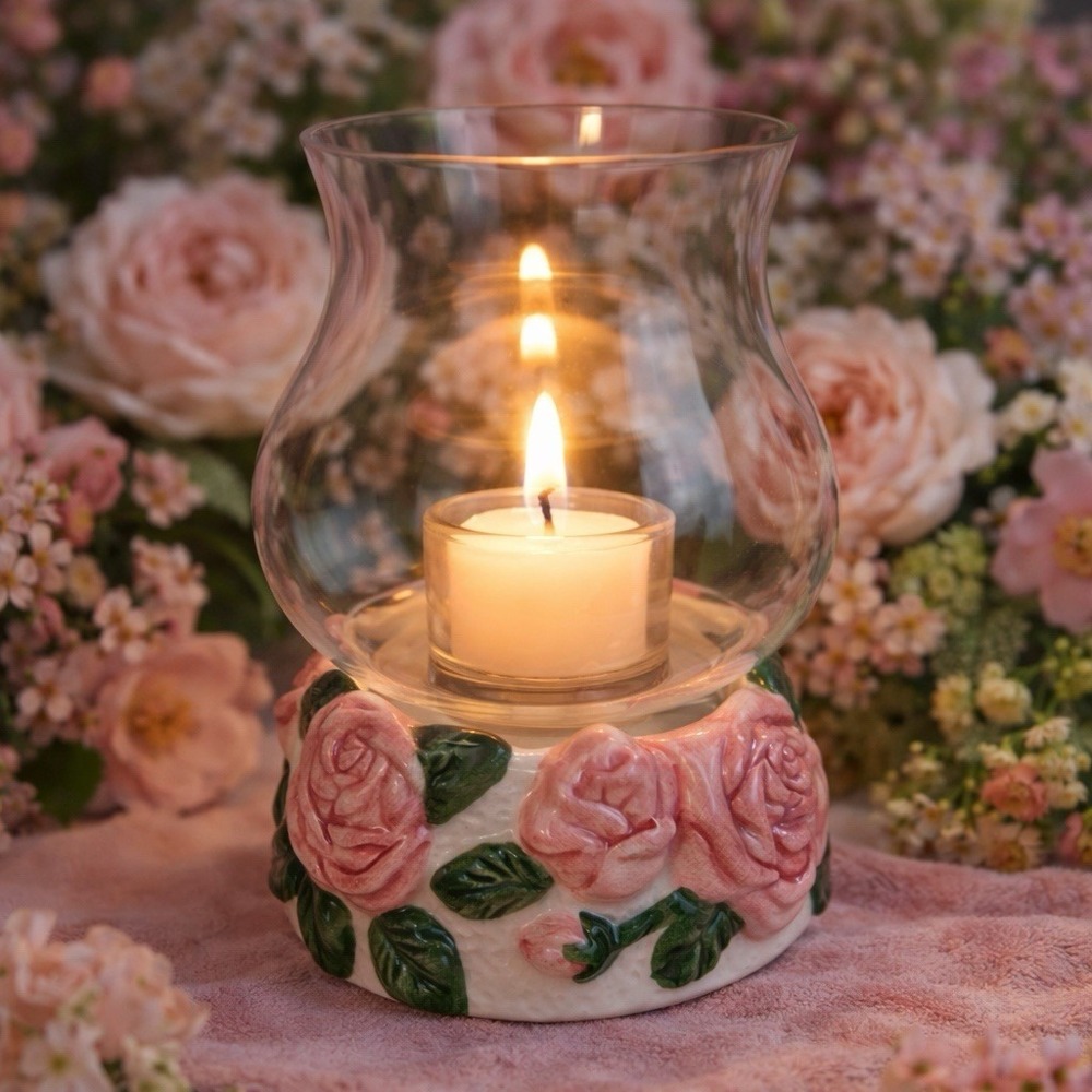 Vtg Pink Rose Votive Tea Light Lantern Hand Painted Ceramic Fairy Lamp Romantic